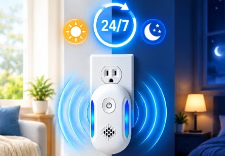 White plug-in pest repeller displayed in a bright home interior
