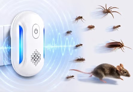 Illustration of common household pests near a repeller